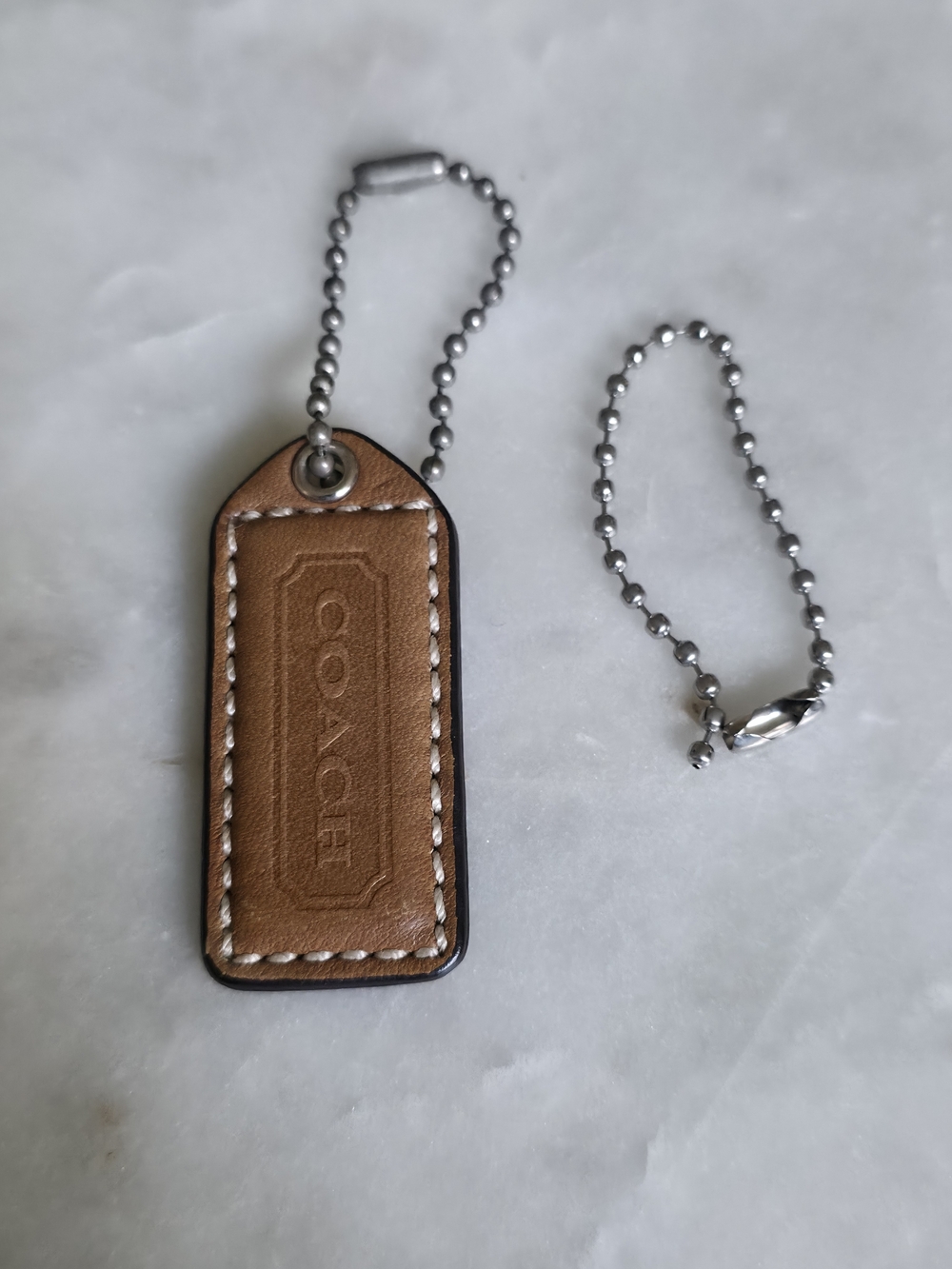 Coach Tan Leather Hangtag with Silver Grommet & Ball Chains